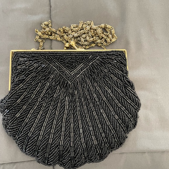 La Regale Handbags - Vintage "La Regale" Black Beaded Scallop Evening Purse ~ Metal Chain Strap